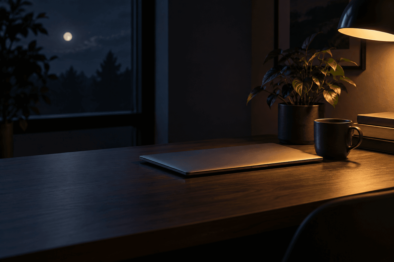 A closed laptop, a mug and a small plant on a dark desk lit by a warm lamp